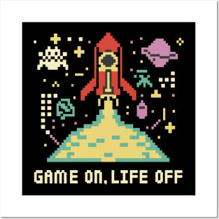 Game On, Life off 8bit Retro Pixel Gaming Posters and Art